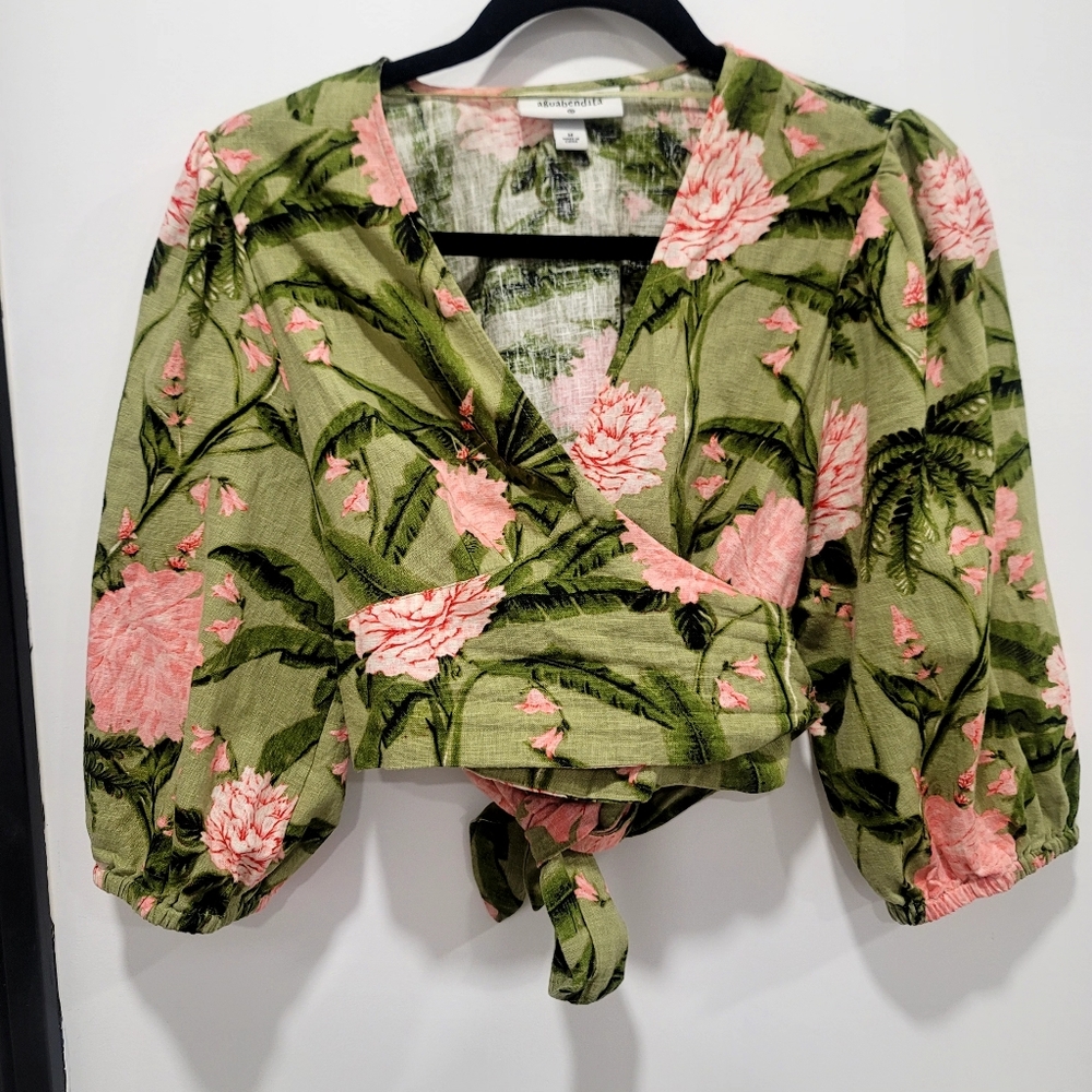 Agua Bendita Peony Print Croped Wrap Top Size Medium - Picture 3 of 15
